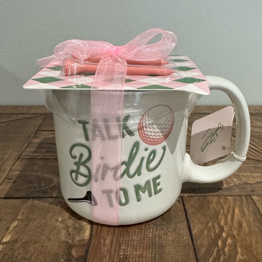 TALK BIRDIE TO ME 20oz Ceramic Mug w/ Pink Golf Tees Gift Set NEW